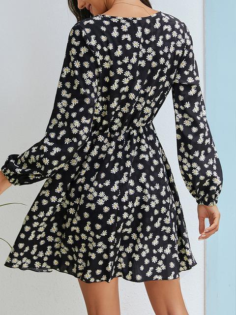Small Daisy Front Wrap Long Sleeve Dress