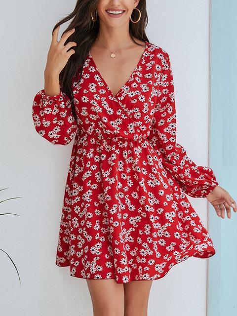 Small Daisy Front Wrap Long Sleeve Dress