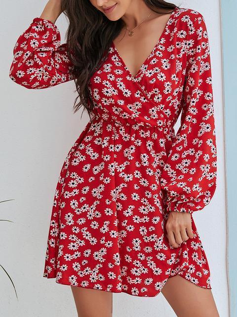 Small Daisy Front Wrap Long Sleeve Dress