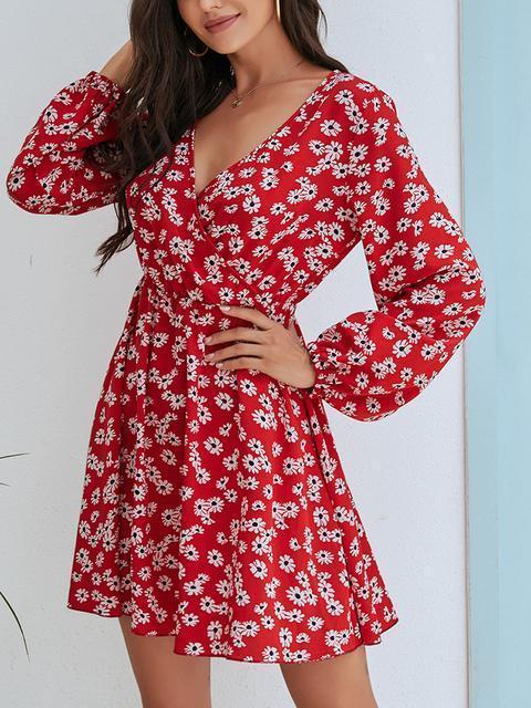 Small Daisy Front Wrap Long Sleeve Dress