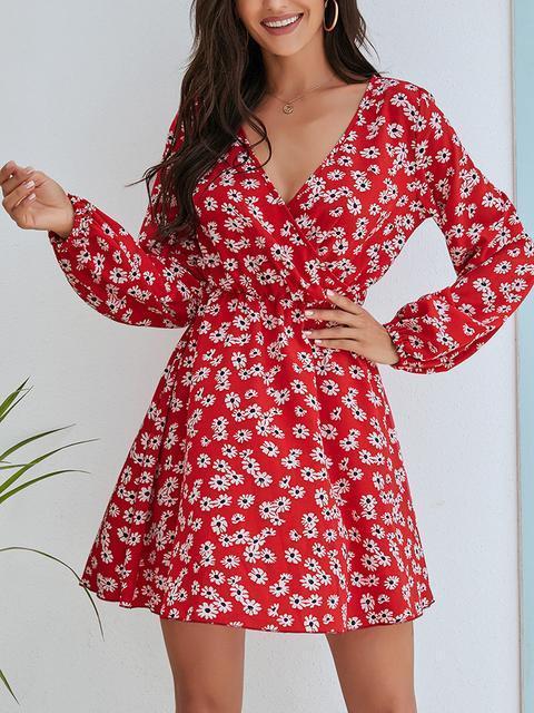 Small Daisy Front Wrap Long Sleeve Dress