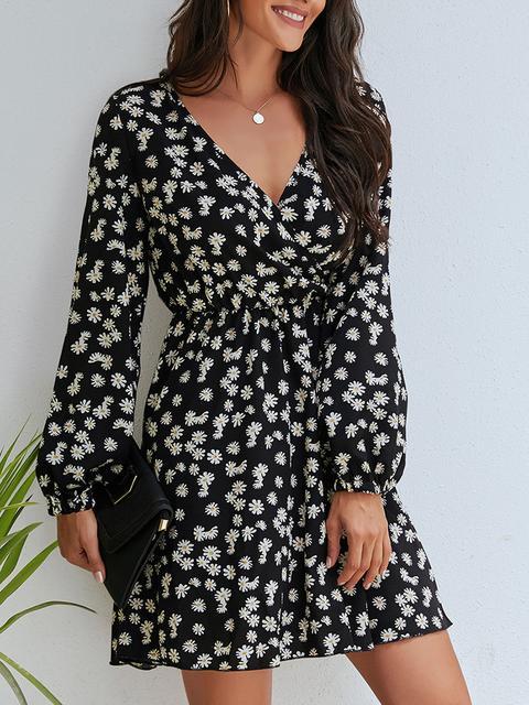 Small Daisy Front Wrap Long Sleeve Dress