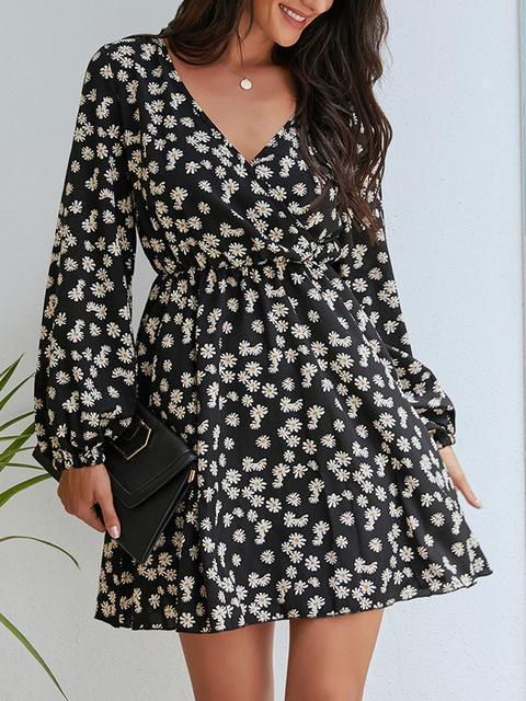 Small Daisy Front Wrap Long Sleeve Dress