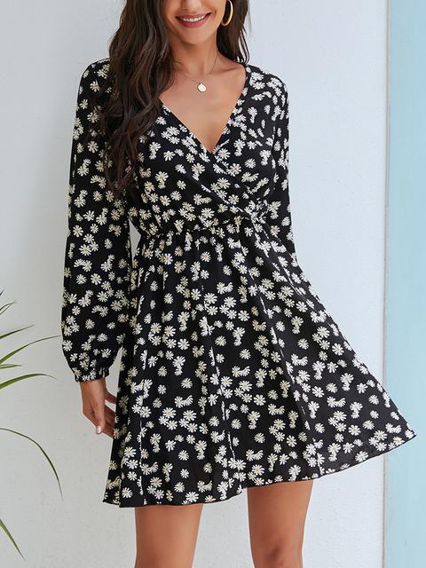 Small Daisy Front Wrap Long Sleeve Dress