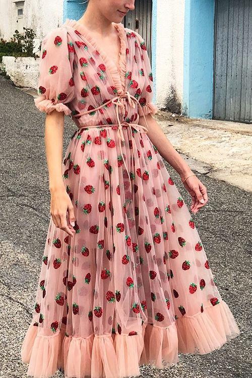 Sequin Strawberry Short Sleeve Ruffles Midi Dress