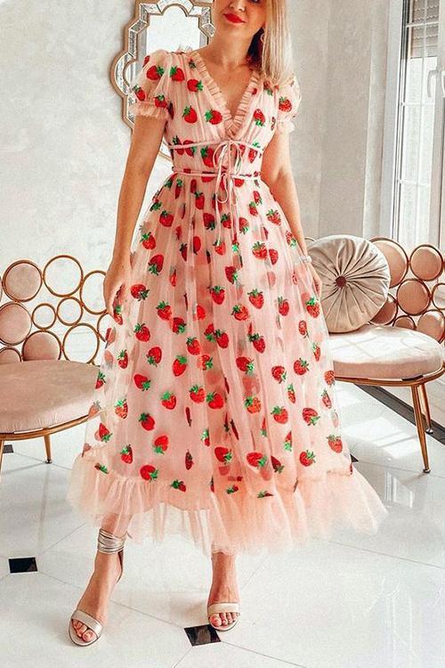 Sequin Strawberry Short Sleeve Ruffles Midi Dress