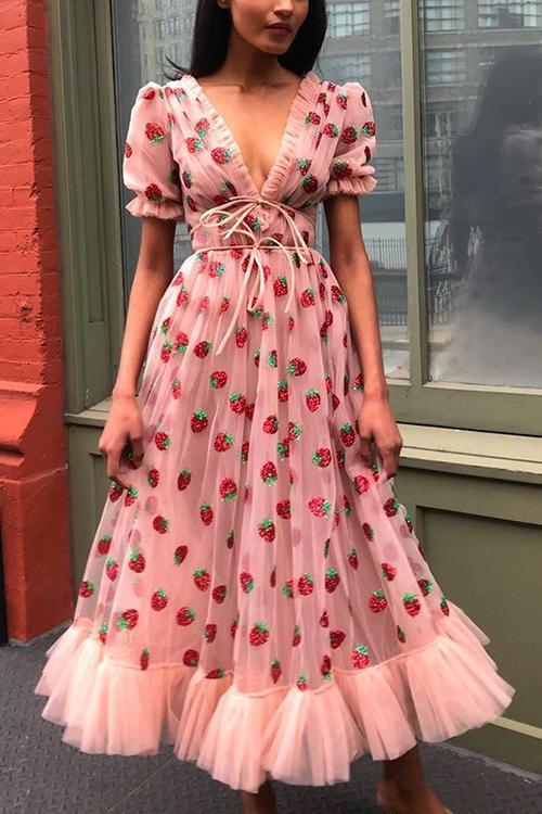 Sequin Strawberry Short Sleeve Ruffles Midi Dress
