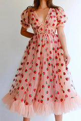 Sequin Strawberry Short Sleeve Ruffles Midi Dress