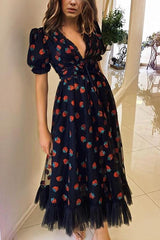 Sequin Strawberry Short Sleeve Ruffles Midi Dress