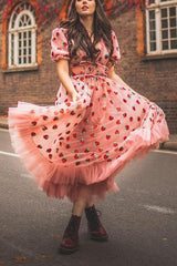 Sequin Strawberry Short Sleeve Ruffles Midi Dress