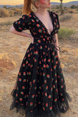 Sequin Strawberry Short Sleeve Ruffles Midi Dress