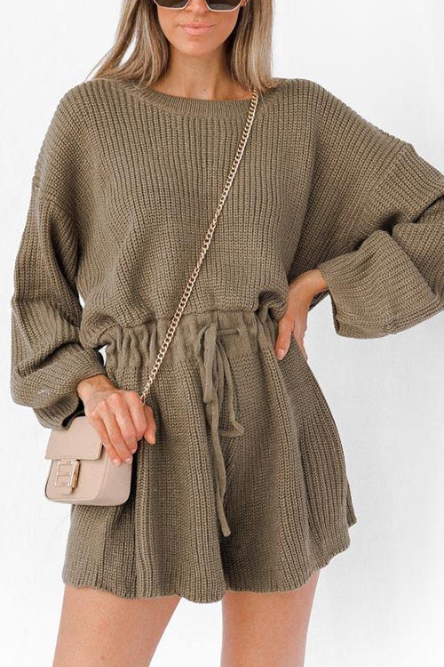 O Neck Puff Long Drawstring Sweater Romper