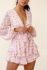 Print V Neck Long Sleeve Romper