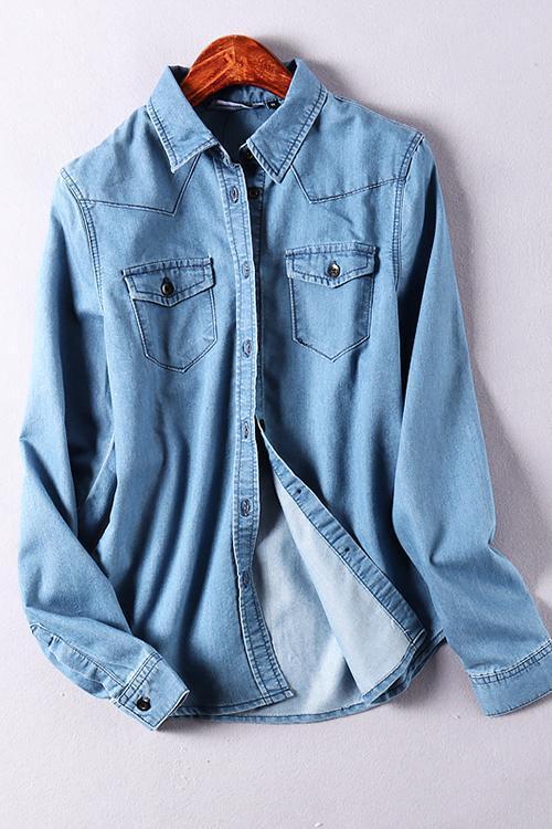 Turndown Collar Pocket Denim Shirt