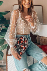 Dot See Though Long Sleeve Crop Top