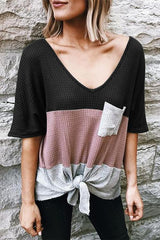 Pockets Knot Color Block T Shirt