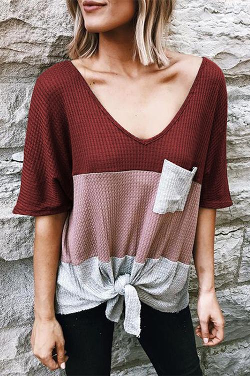 Pockets Knot Color Block T Shirt