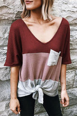 Pockets Knot Color Block T Shirt