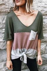 Pockets Knot Color Block T Shirt