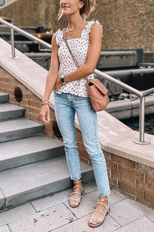 Elastic Floral Print Slip Top