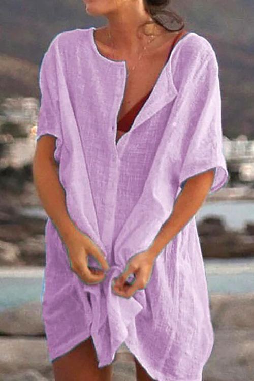Solid Button Shorts Sleeve Cover T Shirt