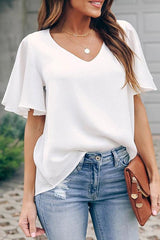 V Neck Ruffles Short Sleeve Blouse