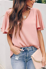 V Neck Ruffles Short Sleeve Blouse