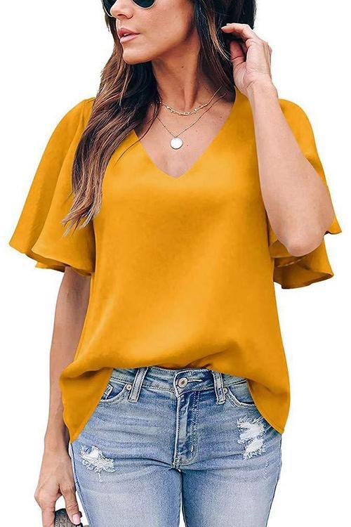 V Neck Ruffles Short Sleeve Blouse