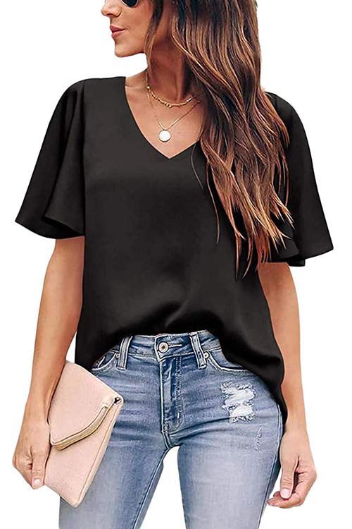 V Neck Ruffles Short Sleeve Blouse