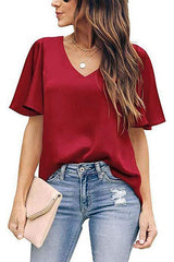 V Neck Ruffles Short Sleeve Blouse