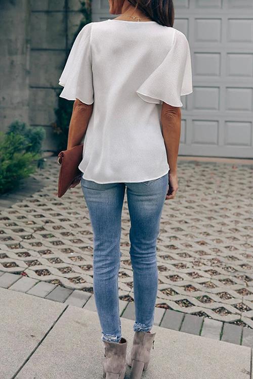 V Neck Ruffles Short Sleeve Blouse