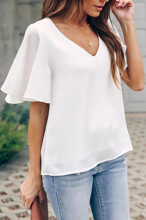 V Neck Ruffles Short Sleeve Blouse