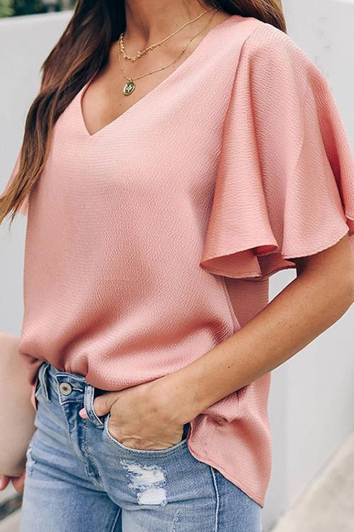 V Neck Ruffles Short Sleeve Blouse