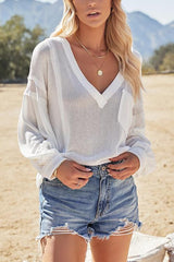 V Neck Puff Sleeve Knit Loose Blouse