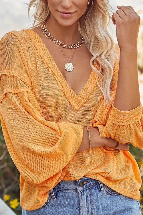 V Neck Puff Sleeve Knit Loose Blouse