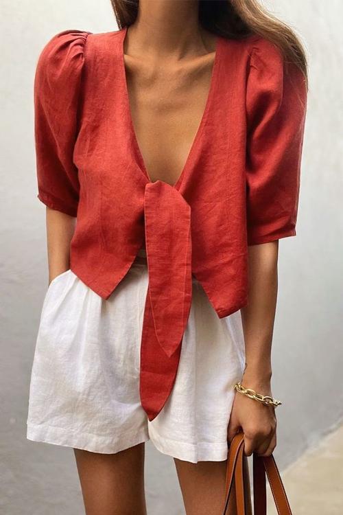 Knot Puff Hlaf Sleeve Loose Blouse
