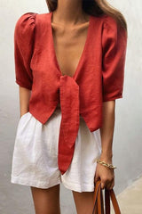 Knot Puff Hlaf Sleeve Loose Blouse