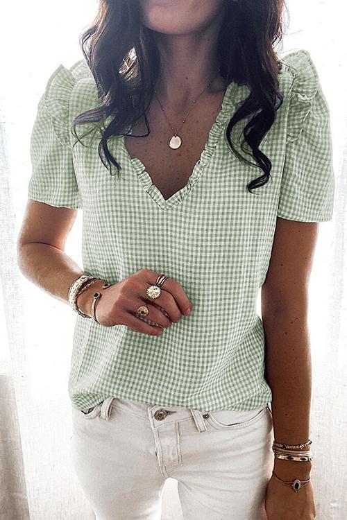 Plaid Ruffles V Neck Blouse
