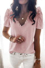 Plaid Ruffles V Neck Blouse