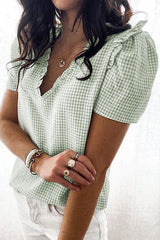 Plaid Ruffles V Neck Blouse