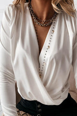 Satin V Neck Long Sleeve Blouse