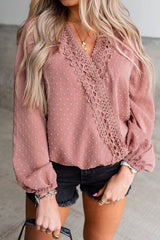 Dot Lace Trim Wrap Long Puff Sleeve Blouse