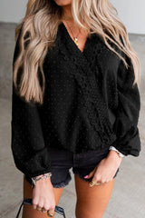 Dot Lace Trim Wrap Long Puff Sleeve Blouse