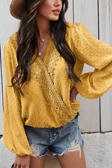 Dot Lace Trim Wrap Long Puff Sleeve Blouse