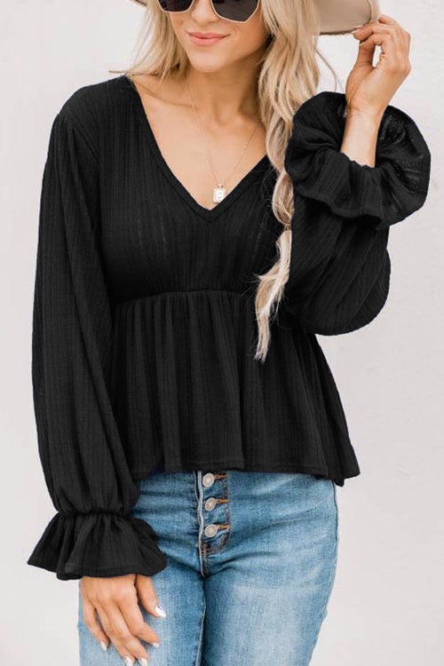 V Neck Peplum Balloon Sleeves Blouse