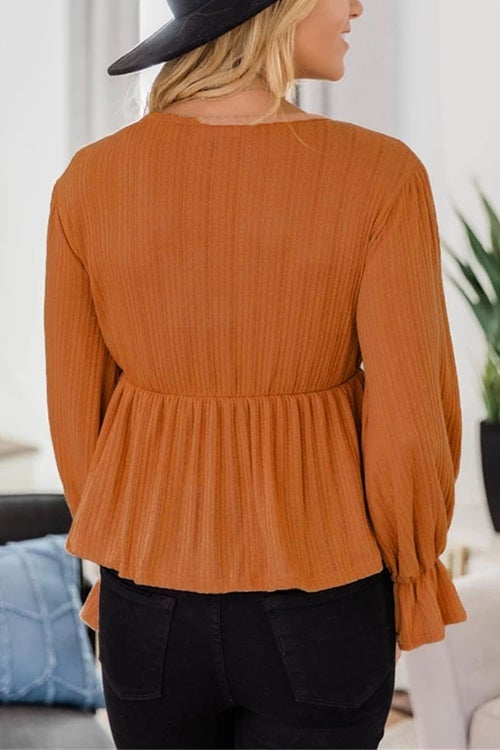 V Neck Peplum Balloon Sleeves Blouse