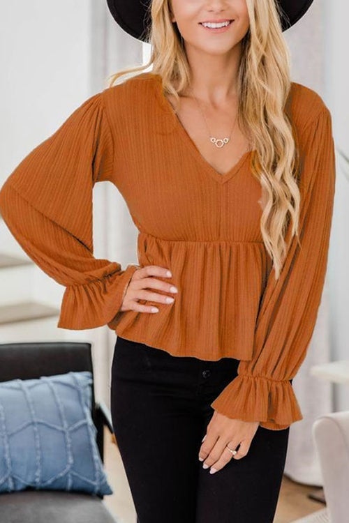 V Neck Peplum Balloon Sleeves Blouse