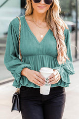V Neck Peplum Balloon Sleeves Blouse