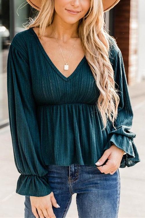 V Neck Peplum Balloon Sleeves Blouse