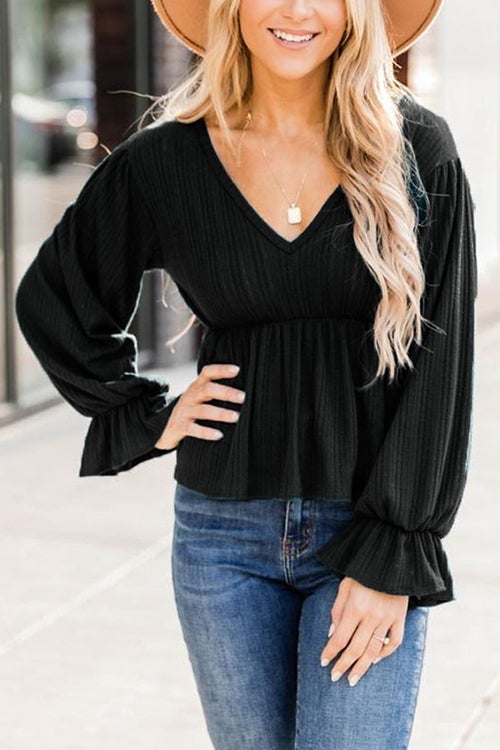 V Neck Peplum Balloon Sleeves Blouse